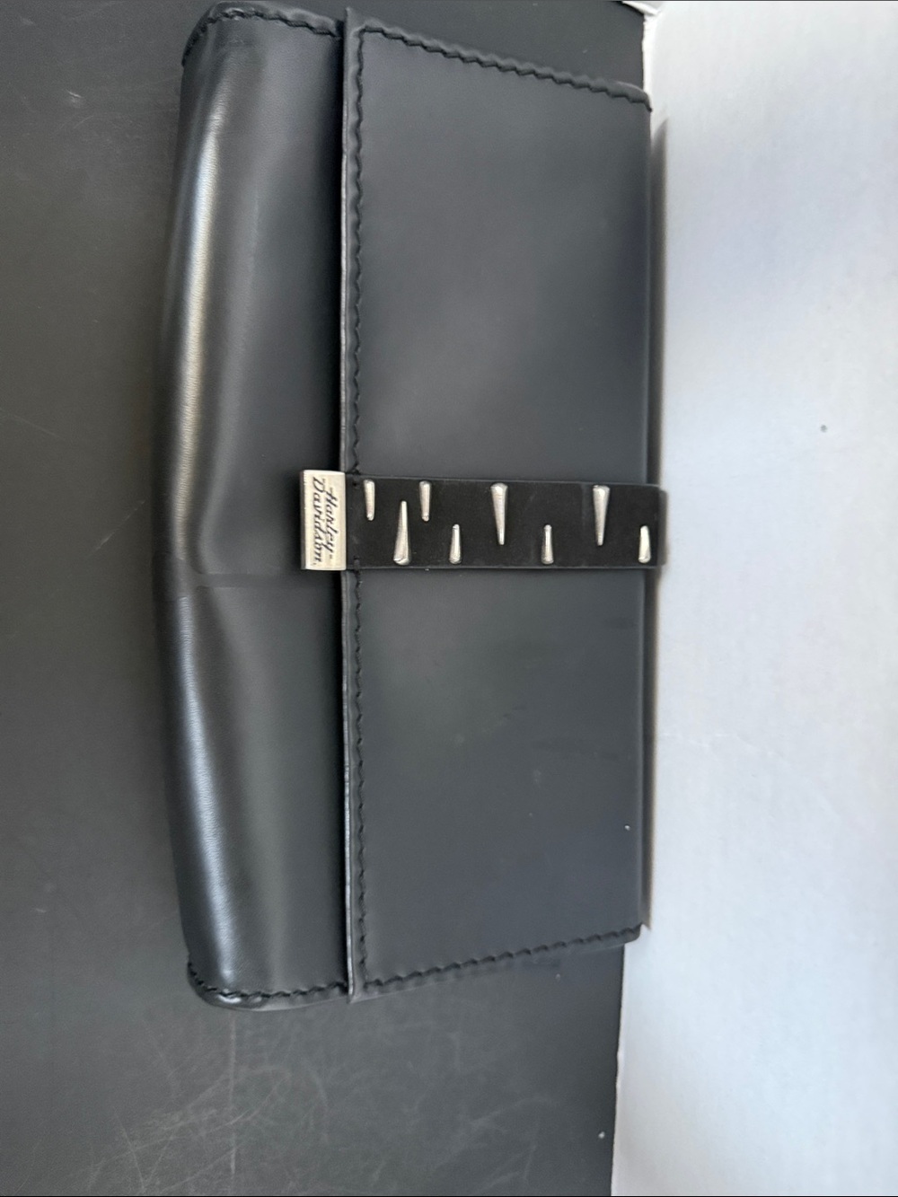 Vintage Black Leather Clutch with Stud-Accent